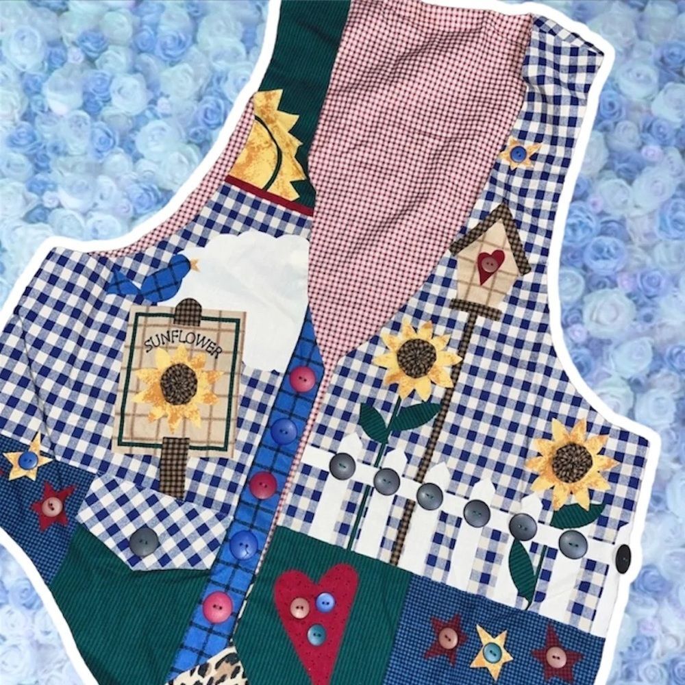Vintage 90s Kitschy Vest Sunflower Bird House Cabin Living Cottagecore 1/1 Cute